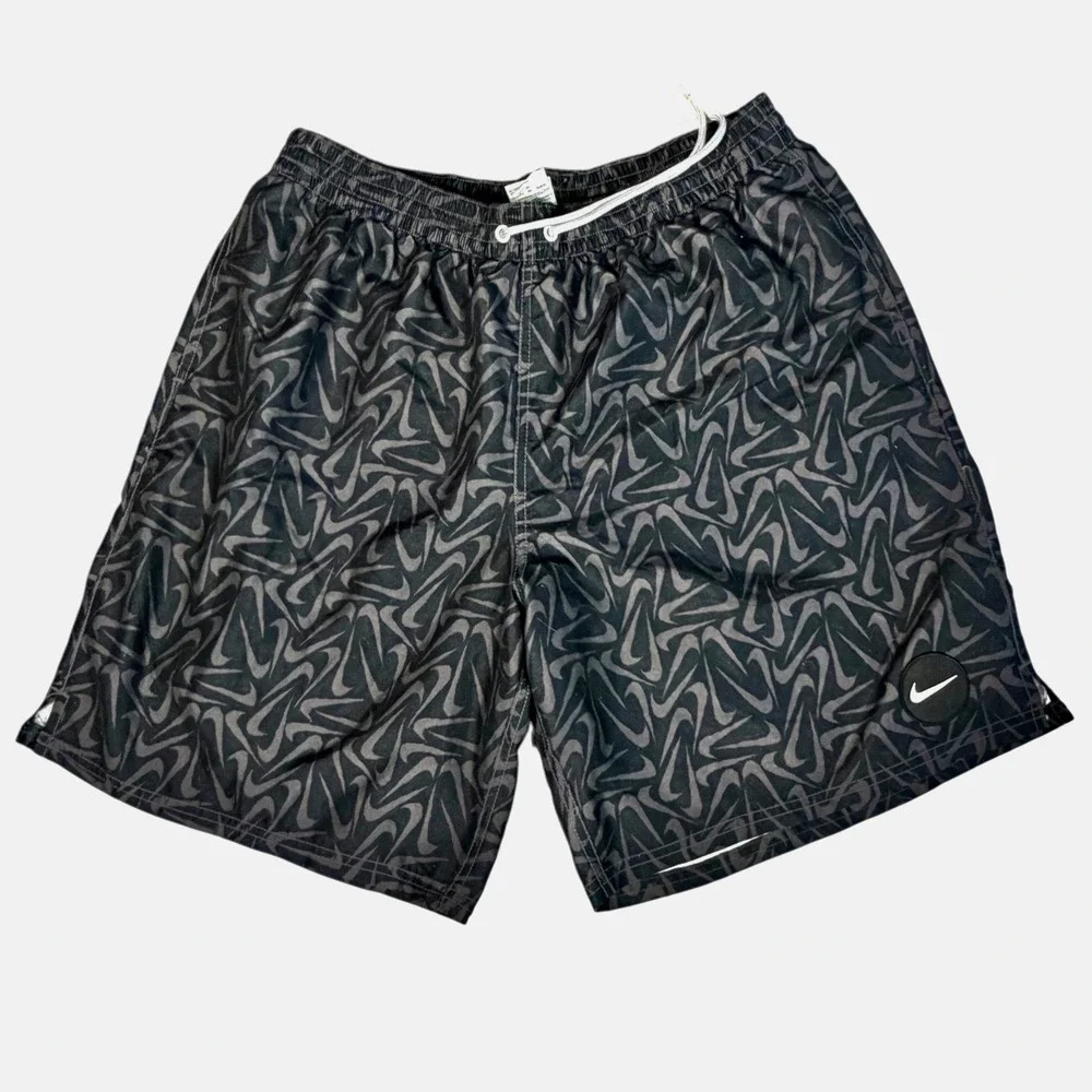 Rare Nike Swim Trunks Men XL Black Swoosh All Over Print Mesh Lined Board Shorts